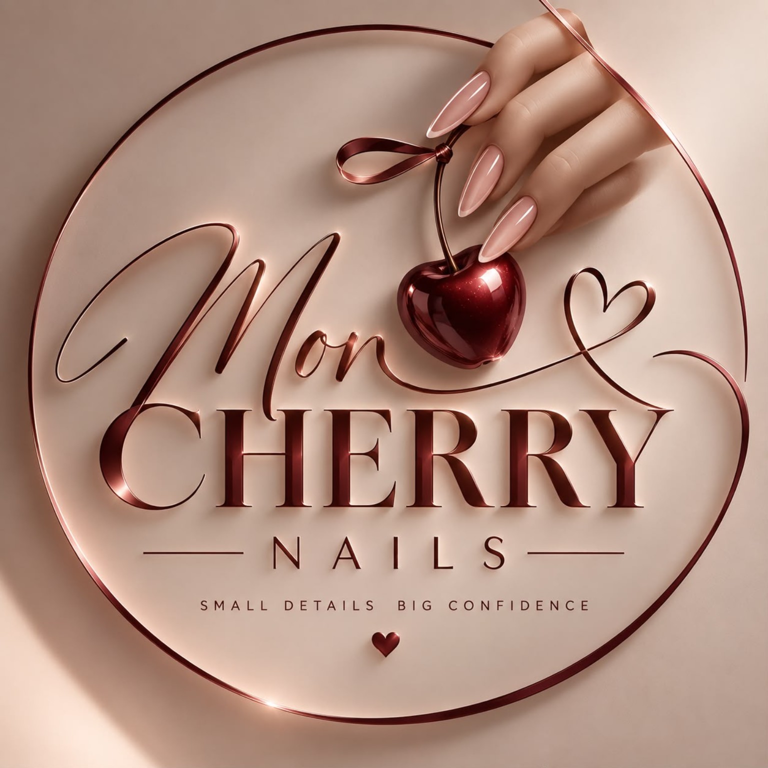 Mon Cherry Nails: kirschrotes Logo mit glänzender Kirsche und elegantem Nude-Nageldesign
